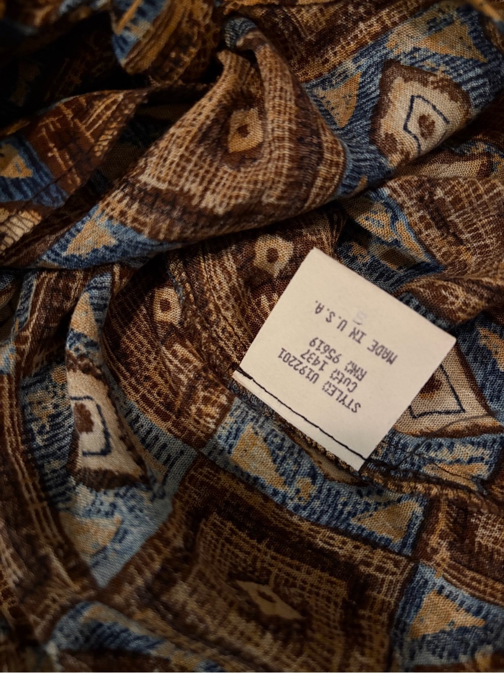 Studio JPR Women’s M Geometric Tie Front Blouse Brown Blue 90s Y2K - Picture 2 of 4